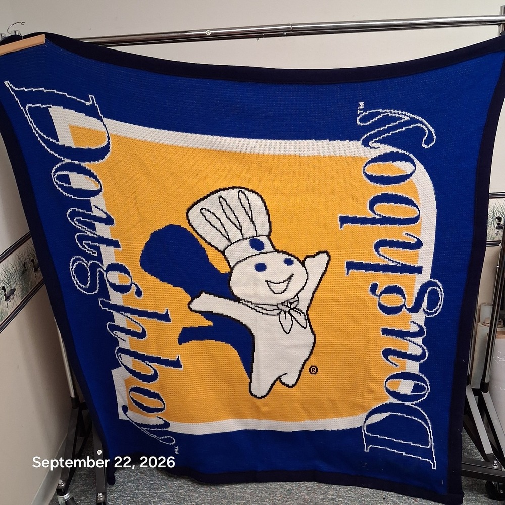 Y2K Vintage Pillsbury Doughboy Knit Throw Blanket 60x60 Acrylic USA Blue 2000